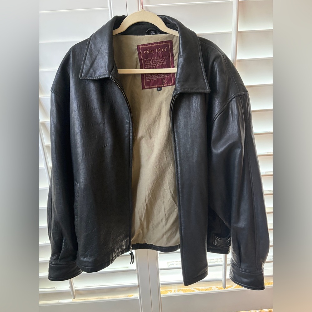 Couture Black Leather Bomber Jacket XL